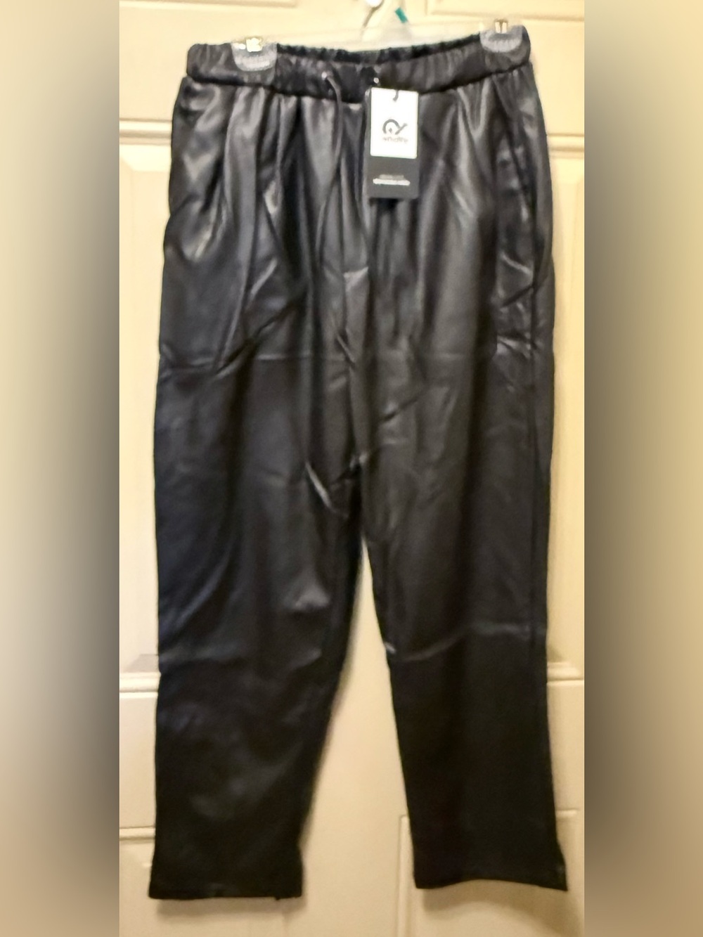 Whattry Black Vegan Leather Pull on Drawstring Waist Pants Size XL